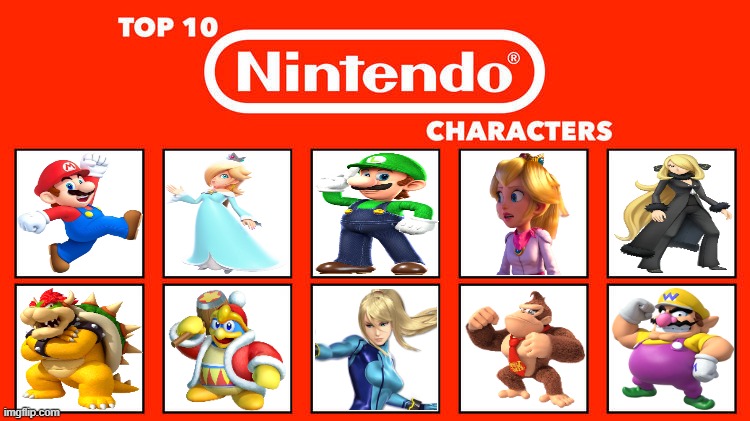 top 10 nintendo characters | image tagged in top 10 nintendo characters,videogames,super mario,nintendo,kirby,video game | made w/ Imgflip meme maker