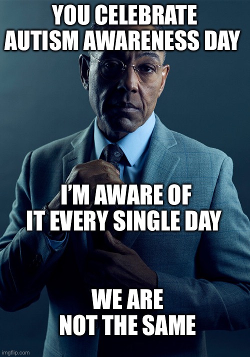 Every single day | YOU CELEBRATE AUTISM AWARENESS DAY; I’M AWARE OF IT EVERY SINGLE DAY; WE ARE NOT THE SAME | image tagged in gus fring we are not the same | made w/ Imgflip meme maker