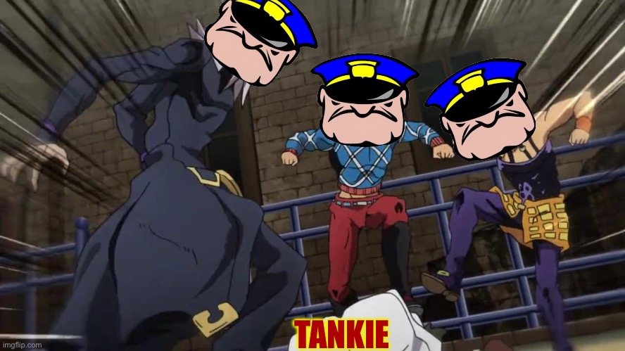 UTTP beating up a tankie | TANKIE | image tagged in jojo gang beating up,uttp | made w/ Imgflip meme maker