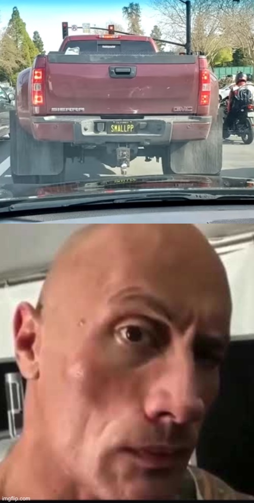 image tagged in small pp license plate truck,dwayne johnson eyebrow raise | made w/ Imgflip meme maker