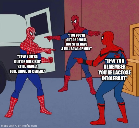 Spider Man Triple | "TFW YOU’RE OUT OF CEREAL BUT STILL HAVE A FULL BOWL OF MILK"; "TFW YOU’RE OUT OF MILK BUT STILL HAVE A FULL BOWL OF CEREAL"; "TFW YOU REMEMBER YOU’RE LACTOSE INTOLERANT" | image tagged in spider man triple | made w/ Imgflip meme maker