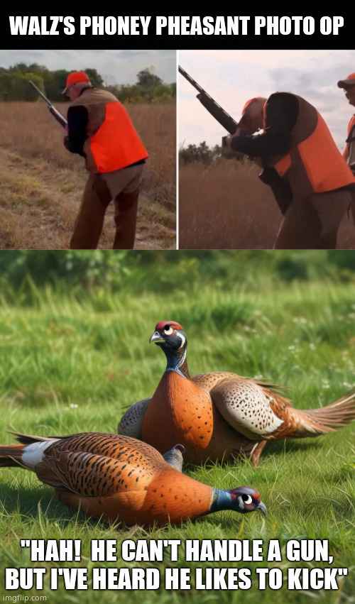 Walz Pheasant Photo Op | WALZ'S PHONEY PHEASANT PHOTO OP; "HAH!  HE CAN'T HANDLE A GUN, BUT I'VE HEARD HE LIKES TO KICK" | image tagged in memes,tim walz,democrats,photo op,politics | made w/ Imgflip meme maker