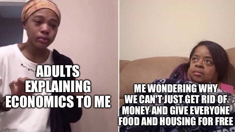 i cant understand no matter how much you explain | ADULTS EXPLAINING ECONOMICS TO ME; ME WONDERING WHY WE CAN'T JUST GET RID OF MONEY AND GIVE EVERYONE FOOD AND HOUSING FOR FREE | image tagged in me explaining to my mom,socialism,communism,economics | made w/ Imgflip meme maker
