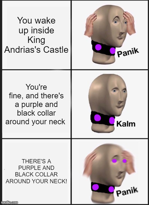 Mind-controlling collar | You wake up inside King Andrias's Castle; You're fine, and there's a purple and black collar around your neck; THERE'S A PURPLE AND BLACK COLLAR AROUND YOUR NECK! | image tagged in memes,panik kalm panik,amphibia,disney | made w/ Imgflip meme maker