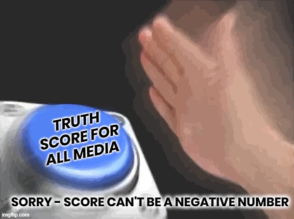 MEDIA TRUTH SCORE | TRUTH
SCORE FOR
ALL MEDIA; SORRY - SCORE CAN'T BE A NEGATIVE NUMBER | image tagged in truth,score,media,journalist,anchor,network | made w/ Imgflip meme maker