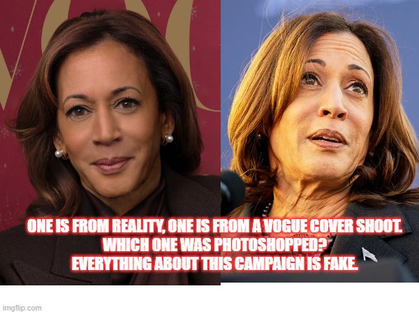 Fake | ONE IS FROM REALITY, ONE IS FROM A VOGUE COVER SHOOT.
WHICH ONE WAS PHOTOSHOPPED?
EVERYTHING ABOUT THIS CAMPAIGN IS FAKE. | image tagged in kamala harris,vogue,photoshop | made w/ Imgflip meme maker