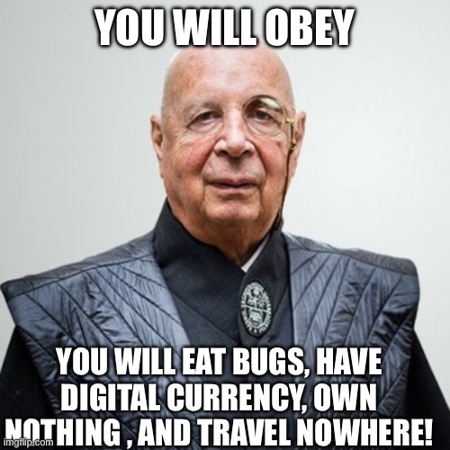 Bite me Klaus | YOU WILL OBEY; YOU WILL EAT BUGS, HAVE DIGITAL CURRENCY, OWN NOTHING , AND TRAVEL NOWHERE! | image tagged in klaus schwab | made w/ Imgflip meme maker