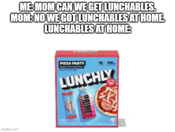 I wanted lunchables | ME: MOM CAN WE GET LUNCHABLES.
MOM: NO WE GOT LUNCHABLES AT HOME.
LUNCHABLES AT HOME: | image tagged in blank white template | made w/ Imgflip meme maker