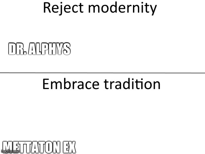 Reject modernity, Embrace tradition | DR. ALPHYS; METTATON EX | image tagged in reject modernity embrace tradition | made w/ Imgflip meme maker