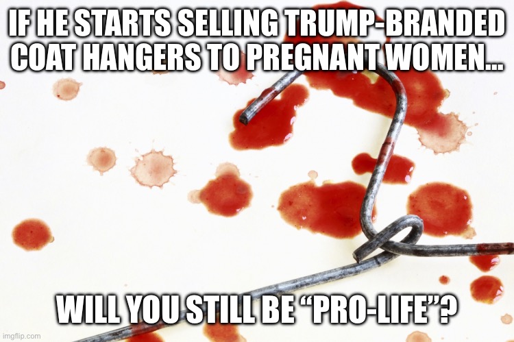 Most difficult decision a red hat can make | IF HE STARTS SELLING TRUMP-BRANDED COAT HANGERS TO PREGNANT WOMEN…; WILL YOU STILL BE “PRO-LIFE”? | image tagged in bloody coat hanger | made w/ Imgflip meme maker