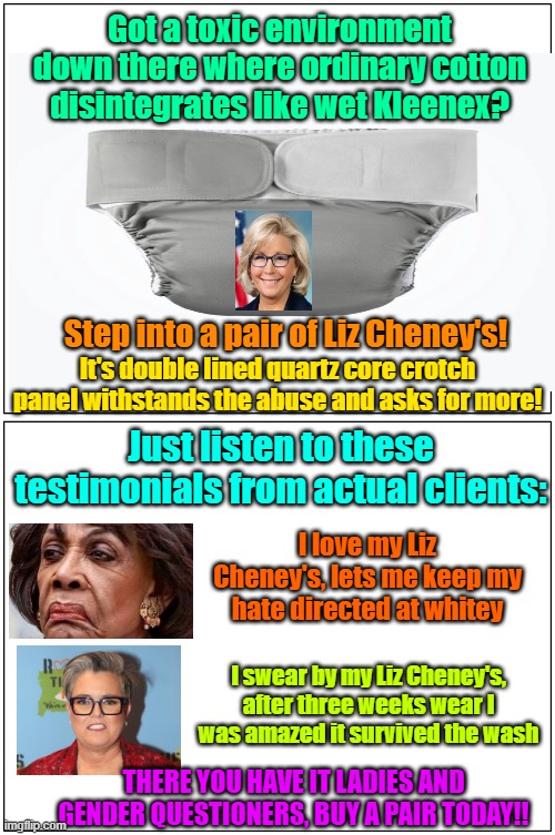 On sale now! | Got a toxic environment down there where ordinary cotton disintegrates like wet Kleenex? Step into a pair of Liz Cheney's! It's double lined quartz core crotch panel withstands the abuse and asks for more! Just listen to these testimonials from actual clients:; I love my Liz Cheney's, lets me keep my hate directed at whitey; I swear by my Liz Cheney's, after three weeks wear I was amazed it survived the wash; THERE YOU HAVE IT LADIES AND GENDER QUESTIONERS, BUY A PAIR TODAY!! | image tagged in trump,maga,elections,liz cheney,kamala harris | made w/ Imgflip meme maker