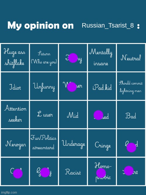 My opinion on [user] bingo (Fries/Gelatin's version) | Russian_Tsarist_8 | image tagged in my opinion on user bingo fries/gelatin's version | made w/ Imgflip meme maker