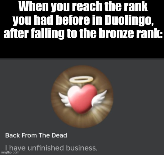 Everytime | When you reach the rank you had before in Duolingo, after falling to the bronze rank: | image tagged in i have unfinished business,duolingo | made w/ Imgflip meme maker