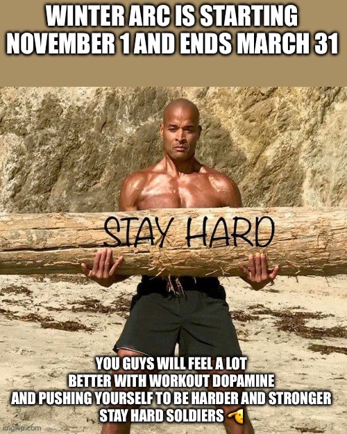 I believe in you guys, stay hard, better times are ahead no matter how hopeless things may seem | WINTER ARC IS STARTING NOVEMBER 1 AND ENDS MARCH 31; YOU GUYS WILL FEEL A LOT BETTER WITH WORKOUT DOPAMINE AND PUSHING YOURSELF TO BE HARDER AND STRONGER
STAY HARD SOLDIERS 🫡 | image tagged in david goggins stay hard,winter arc,self improvement,workout,motivation,whos gonna carry the boats and the logs | made w/ Imgflip meme maker