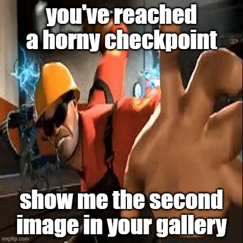 Engineer POV | you've reached a horny checkpoint; show me the second image in your gallery | image tagged in engineer pov | made w/ Imgflip meme maker