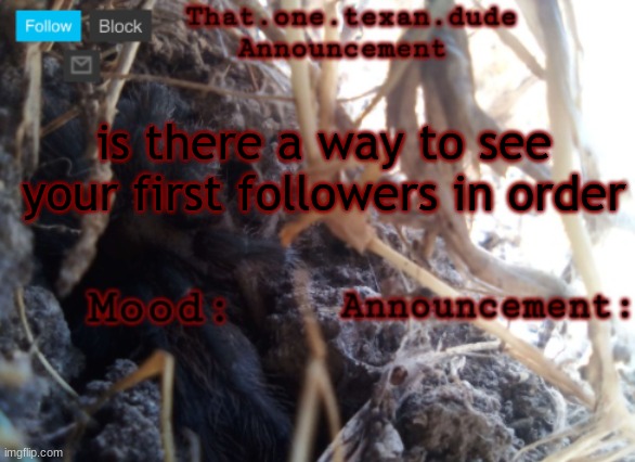 THE that.one.texan.dude announcement template | is there a way to see your first followers in order | image tagged in the that one texan dude announcement template | made w/ Imgflip meme maker