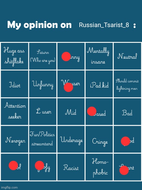 My opinion on [user] bingo (Fries/Gelatin's version) | Russian_Tsarist_8 | image tagged in my opinion on user bingo fries/gelatin's version | made w/ Imgflip meme maker