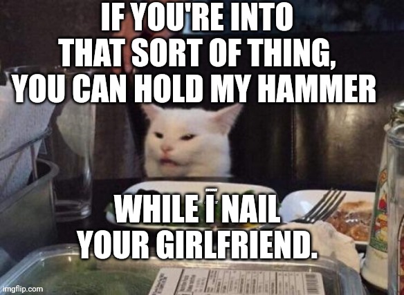 Smudge that darn cat | IF YOU'RE INTO THAT SORT OF THING, YOU CAN HOLD MY HAMMER; WHILE I NAIL YOUR GIRLFRIEND. | image tagged in smudge that darn cat | made w/ Imgflip meme maker