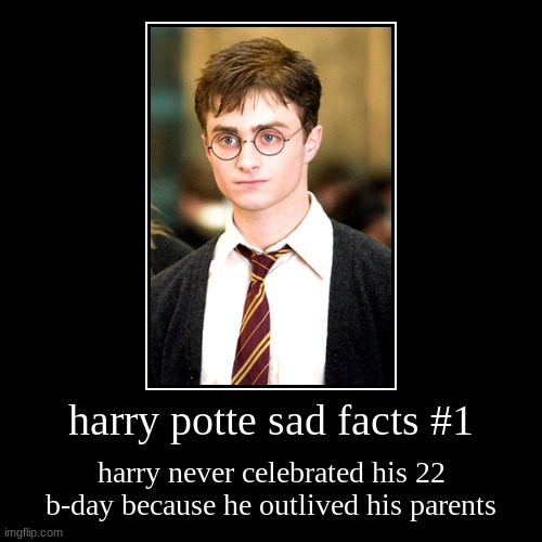 harry potte sad facts #1 | harry never celebrated his 22 b-day because he outlived his parents | image tagged in funny,demotivationals | made w/ Imgflip demotivational maker