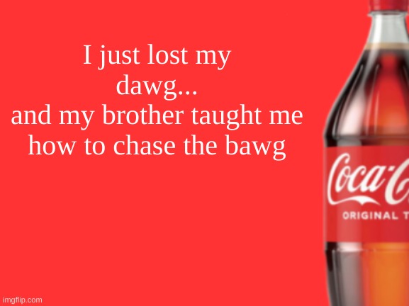 geramn's coca cola announcement V2 | I just lost my dawg...
and my brother taught me how to chase the bawg | image tagged in geramn's coca cola announcement v2 | made w/ Imgflip meme maker