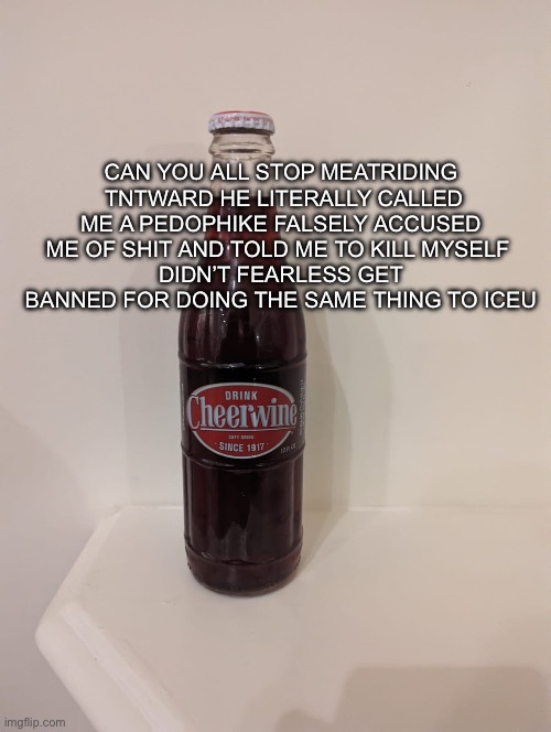 Cheerwine | CAN YOU ALL STOP MEATRIDING  TNTWARD HE LITERALLY CALLED ME A PEDOPHIKE FALSELY ACCUSED ME OF SHIT AND TOLD ME TO KILL MYSELF 
DIDN’T FEARLESS GET BANNED FOR DOING THE SAME THING TO ICEU | image tagged in cheerwine | made w/ Imgflip meme maker