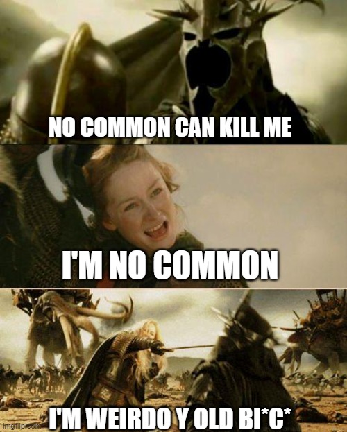 Witch king and Eowyn | NO COMMON CAN KILL ME; I'M NO COMMON; I'M WEIRDO Y OLD BI*C* | image tagged in i am no man | made w/ Imgflip meme maker