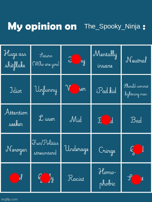 My opinion on [user] bingo (Fries/Gelatin's version) | The_Spooky_Ninja | image tagged in my opinion on user bingo fries/gelatin's version | made w/ Imgflip meme maker