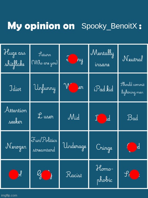 My opinion on [user] bingo (Fries/Gelatin's version) | Spooky_BenoitX | image tagged in my opinion on user bingo fries/gelatin's version | made w/ Imgflip meme maker