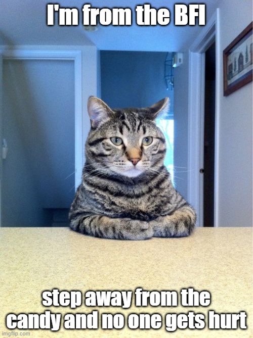 Take A Seat Cat Meme | I'm from the BFI step away from the candy and no one gets hurt | image tagged in memes,take a seat cat | made w/ Imgflip meme maker