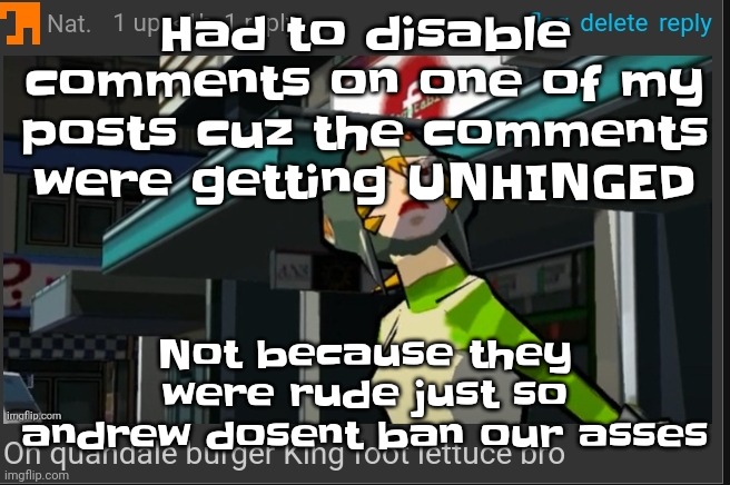 ☠️ | Had to disable comments on one of my posts cuz the comments were getting UNHINGED; Not because they were rude just so andrew dosent ban our asses | image tagged in on quandale burger king foot lettuce bro | made w/ Imgflip meme maker