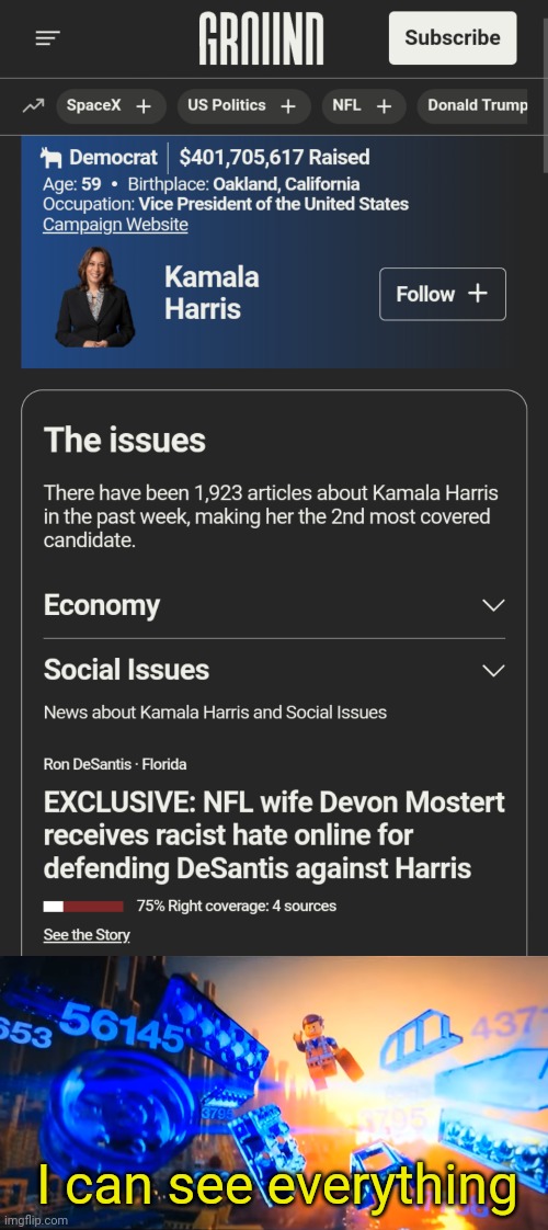 Ground.news is my new favorite website | I can see everything | image tagged in i can see everything emmet,ground news,lefties losing it,trump,donald trump,kamala harris | made w/ Imgflip meme maker