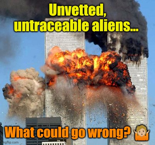 9/11 | Unvetted, untraceable aliens... What could go wrong? ?? | image tagged in 9/11 | made w/ Imgflip meme maker