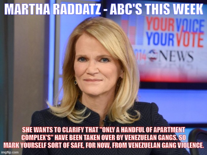 America | MARTHA RADDATZ - ABC'S THIS WEEK; SHE WANTS TO CLARIFY THAT "ONLY A HANDFUL OF APARTMENT COMPLEX'S" HAVE BEEN TAKEN OVER BY VENEZUELAN GANGS. SO MARK YOURSELF SORT OF SAFE, FOR NOW, FROM VENEZUELAN GANG VIOLENCE. | image tagged in martha raddatz,breaking news,memes,illegal immigrants,2024,wtf | made w/ Imgflip meme maker