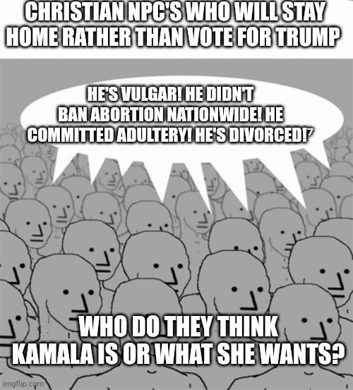 Short-sighted Christians | CHRISTIAN NPC'S WHO WILL STAY HOME RATHER THAN VOTE FOR TRUMP; HE'S VULGAR! HE DIDN'T BAN ABORTION NATIONWIDE! HE COMMITTED ADULTERY! HE'S DIVORCED!⁷; WHO DO THEY THINK KAMALA IS OR WHAT SHE WANTS? | image tagged in npcprogramscreed | made w/ Imgflip meme maker