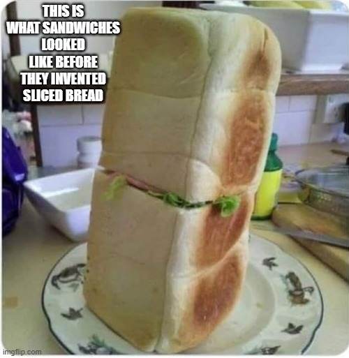 memes by Brad - Here's a sandwich before sliced bread was invented | THIS IS WHAT SANDWICHES LOOKED LIKE BEFORE THEY INVENTED SLICED BREAD | image tagged in funny,food,sandwich,sliced bread,bread,humor | made w/ Imgflip meme maker