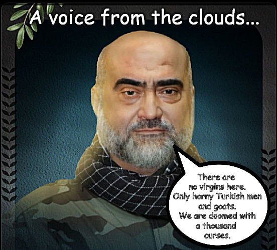 Sorry, the virgins are out of stock. | A voice from the clouds... There are 
no virgins here.
Only horny Turkish men
and goats.
We are doomed with
a thousand 
curses. | image tagged in memes,politics,iran,hezbollah,israel,hashem | made w/ Imgflip meme maker