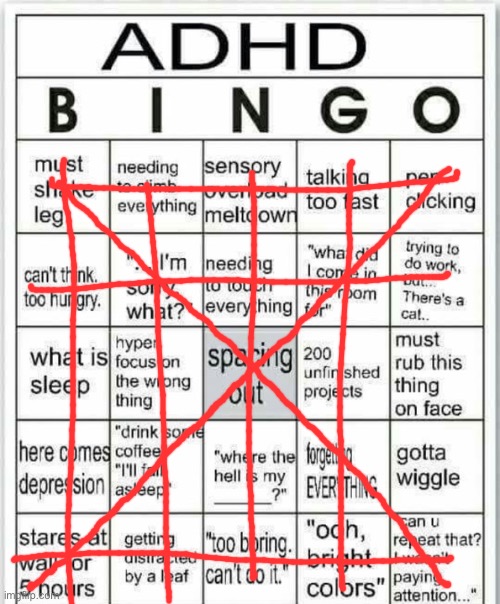 mental  ̶I̶l̶l̶n̶e̶s̶s̶ disorder | image tagged in adhd bingo | made w/ Imgflip meme maker