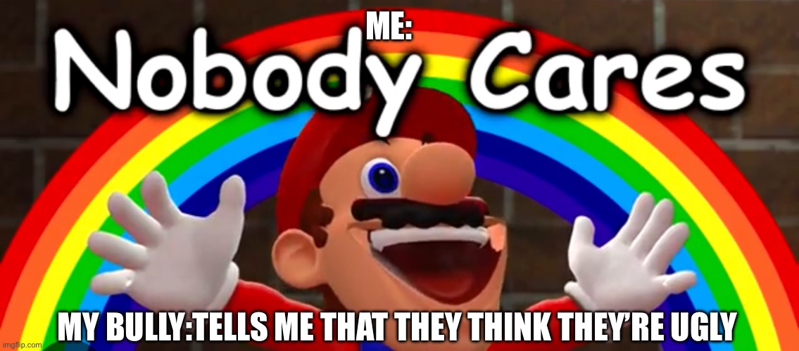 Nobody cares | ME:; MY BULLY:TELLS ME THAT THEY THINK THEY’RE UGLY | image tagged in no one cares | made w/ Imgflip meme maker