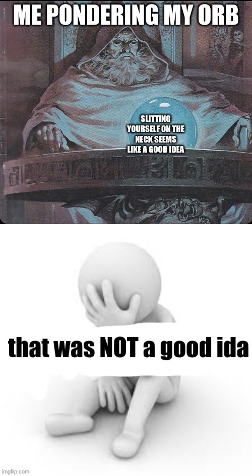 told a dude on Omegle to test this theory | ME PONDERING MY ORB; SLITTING YOURSELF ON THE NECK SEEMS LIKE A GOOD IDEA | image tagged in pondering my orb | made w/ Imgflip meme maker