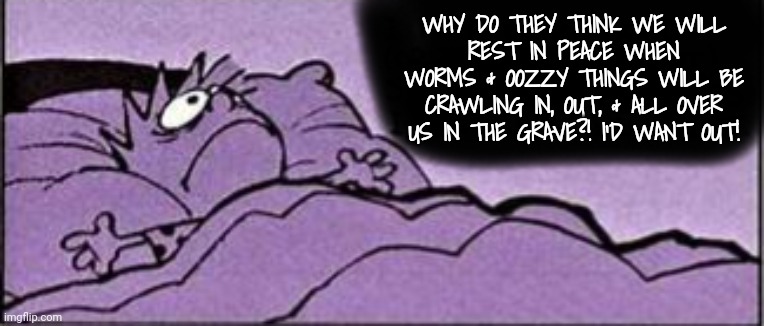 WHY DO THEY THINK WE WILL
REST IN PEACE WHEN WORMS & OOZZY THINGS WILL BE CRAWLING IN, OUT, & ALL OVER US IN THE GRAVE?! I'D WANT OUT! | made w/ Imgflip meme maker