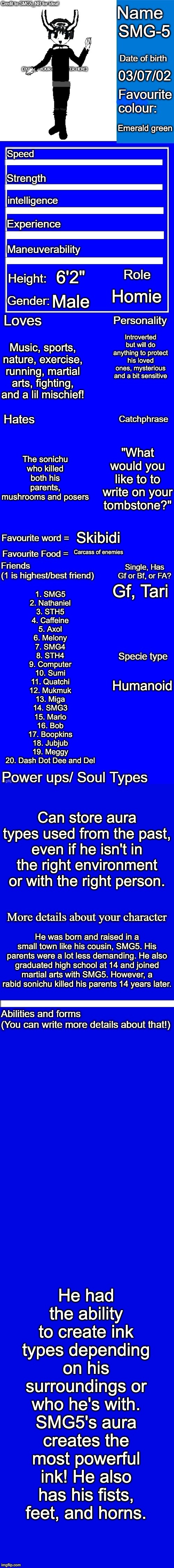 I remade this too | SMG-5; 03/07/02; Emerald green; 6'2"; Homie; Male; Introverted but will do anything to protect his loved ones, mysterious and a bit sensitive; Music, sports, nature, exercise, running, martial arts, fighting, and a lil mischief! The sonichu who killed both his parents, mushrooms and posers; "What would you like to to write on your tombstone?"; Skibidi; Carcass of enemies; Gf, Tari; 1. SMG5
2. Nathaniel
3. STH5
4. Caffeine
5. Axol
6. Melony
7. SMG4
8. STH4
9. Computer
10. Sumi
11. Quatchi
12. Mukmuk
13. Miga
14. SMG3
15. Mario
16. Bob
17. Boopkins
18. Jubjub
19. Meggy
20. Dash Dot Dee and Del; Humanoid; Can store aura types used from the past, even if he isn't in the right environment or with the right person. He was born and raised in a small town like his cousin, SMG5. His parents were a lot less demanding. He also graduated high school at 14 and joined martial arts with SMG5. However, a rabid sonichu killed his parents 14 years later. He had the ability to create ink types depending on his surroundings or who he's with. SMG5's aura creates the most powerful ink! He also has his fists, feet, and horns. | image tagged in new character bio remastered credit to smg5_nb for the idea | made w/ Imgflip meme maker
