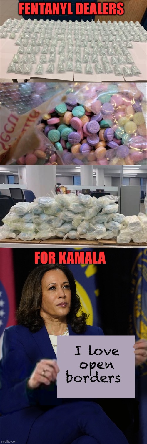 Harris open border will keep causing drug overdoses. She won’t change anything Joe did. | FENTANYL DEALERS; FOR KAMALA; I love open borders | image tagged in kamala harris holding sign,fentanyl,open border,overdoses,drug dealers | made w/ Imgflip meme maker