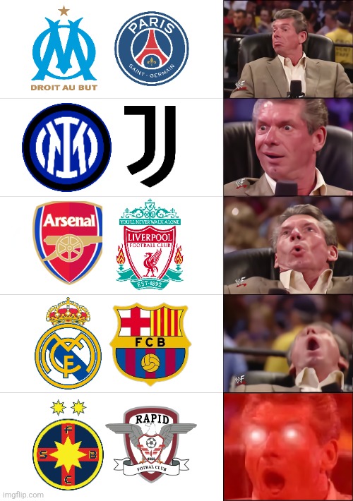 26-27 October <3 feat. BUCHAREST DERBY: FCSB-RAPID | image tagged in vince mcmahon 5 tier,barcelona,real madrid,arsenal,liverpool,fcsb | made w/ Imgflip meme maker