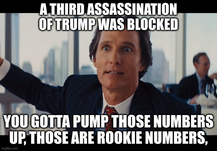 Another assassin stopped | A THIRD ASSASSINATION OF TRUMP WAS BLOCKED; YOU GOTTA PUMP THOSE NUMBERS UP, THOSE ARE ROOKIE NUMBERS, | image tagged in those are rookie numbers | made w/ Imgflip meme maker