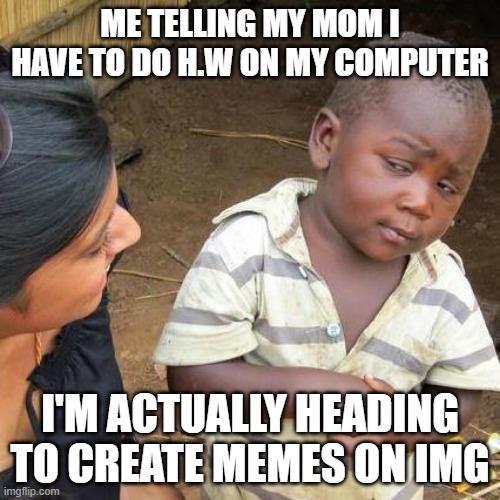 Priorities | ME TELLING MY MOM I HAVE TO DO H.W ON MY COMPUTER; I'M ACTUALLY HEADING TO CREATE MEMES ON IMG | image tagged in memes,third world skeptical kid | made w/ Imgflip meme maker