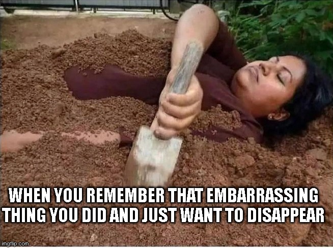 The Ultimate Disappearing Act | WHEN YOU REMEMBER THAT EMBARRASSING THING YOU DID AND JUST WANT TO DISAPPEAR | image tagged in chick burying herself,friends,men,funny memes,dark humor | made w/ Imgflip meme maker