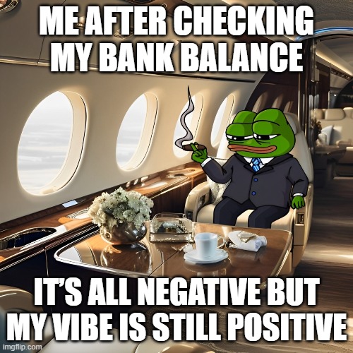 bank balance | ME AFTER CHECKING MY BANK BALANCE; IT’S ALL NEGATIVE BUT MY VIBE IS STILL POSITIVE | image tagged in memes | made w/ Imgflip meme maker