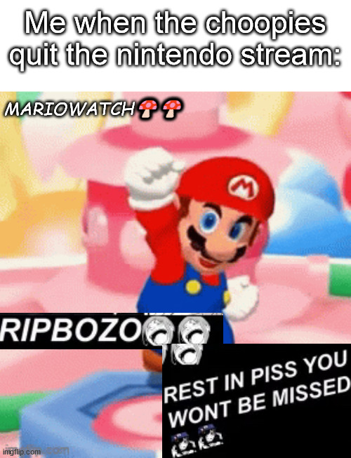 Let's celebrate! | Me when the choopies quit the nintendo stream:; MARIOWATCH🍄🍄 | image tagged in mario happy,we won mr stark,rip bozo,rest in piss you won't be missed | made w/ Imgflip meme maker