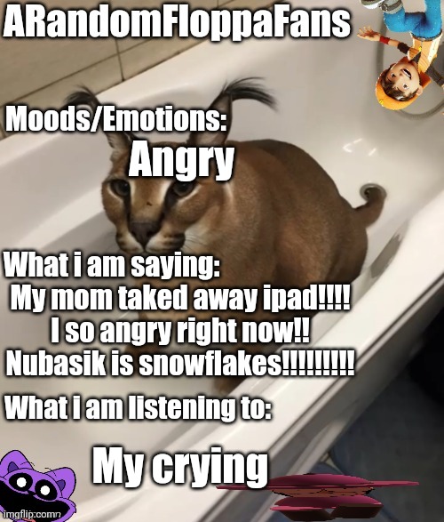 Just because i wanted to shove floppafans (not calling you andika) in a locker | Angry; My mom taked away ipad!!!! I so angry right now!! Nubasik is snowflakes!!!!!!!!! My crying | image tagged in arandomfloppafans announcement temp | made w/ Imgflip meme maker