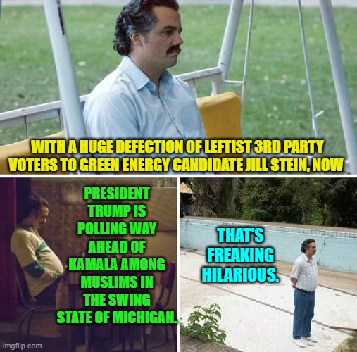 Just dripping with irony; and it's probably going to cost Kamala the state. | PRESIDENT TRUMP IS POLLING WAY AHEAD OF KAMALA AMONG MUSLIMS IN THE SWING STATE OF MICHIGAN. WITH A HUGE DEFECTION OF LEFTIST 3RD PARTY VOTERS TO GREEN ENERGY CANDIDATE JILL STEIN, NOW; THAT'S FREAKING HILARIOUS. | image tagged in yep | made w/ Imgflip meme maker